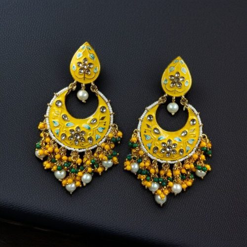 Gold Plated Hand Painted Chandbali Earrings | Designer Long Dangler Jewellery