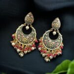 Gold Plated Hand Painted Chandbali Earrings | Designer Long Dangler Jewellery - "Grey"