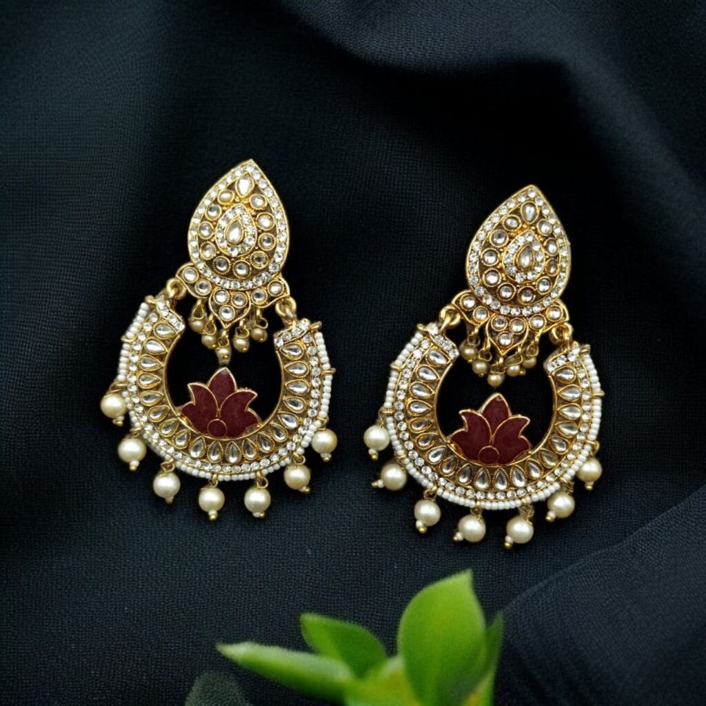 Bulk 688 Gold Plated Stone Work Chandbali Earrings | Wedding Special Jewellery For Girls - "Red"