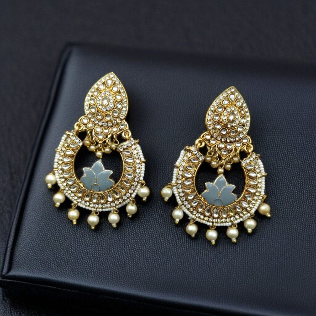 Bulk 682 Gold Plated Stone Work Chandbali Earrings | Wedding Special Jewellery For Girls - "Grey"