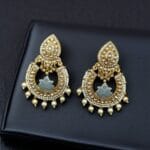 Gold Plated Stone Work Chandbali Earrings | Wedding Special Jewellery For Girls - "Grey"