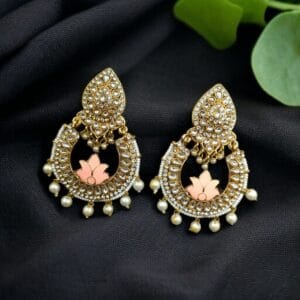 Gold Plated Stone Work Chandbali Earrings | Wedding Special Jewellery For Girls - color: "Peach"