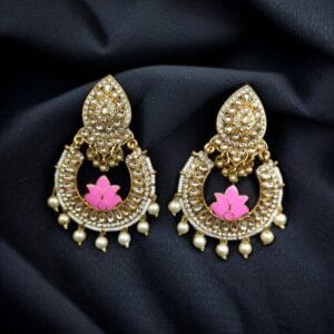 Gold Plated Stone Work Chandbali Earrings | Wedding Special Jewellery For Girls - color: "Pink"