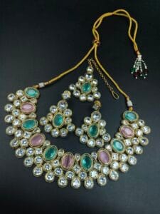 Gold Plated AD Stone Choker Necklace Set with Maangtikka | Best Wedding Jewelry - Color: "Babypink-Mint"