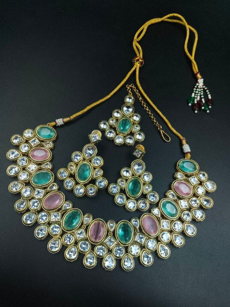 Bulk 680 Gold Plated AD Stone Choker Necklace Set with Maangtikka | Best Wedding Jewelry - "Babypink-Mint"