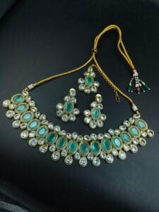Gold Plated AD Stone Choker Necklace Set with Maangtikka | Best Wedding Jewelry - Color: "Mint"