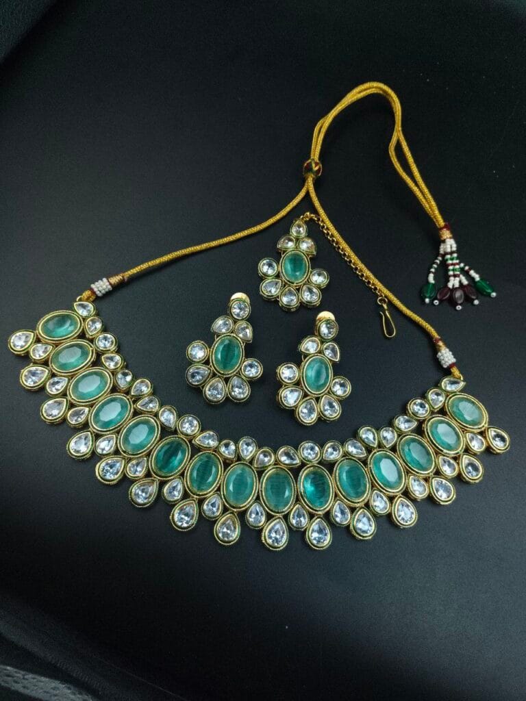 Bulk 678 Gold Plated AD Stone Choker Necklace Set with Maangtikka | Best Wedding Jewelry - "Mint"