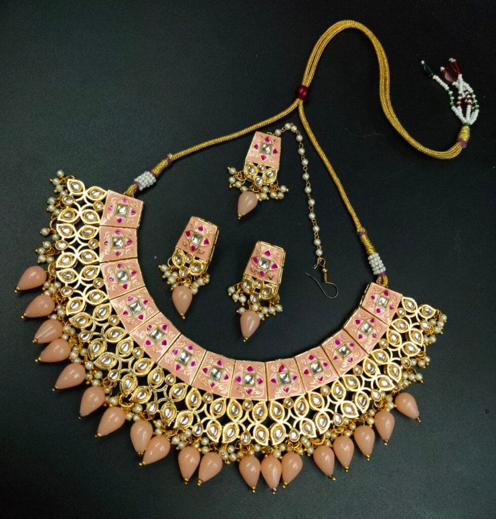 Bulk 674 Gold Plated Choker Necklace Set With Maangtika | Perfect Jewelry For Wedding Fastival