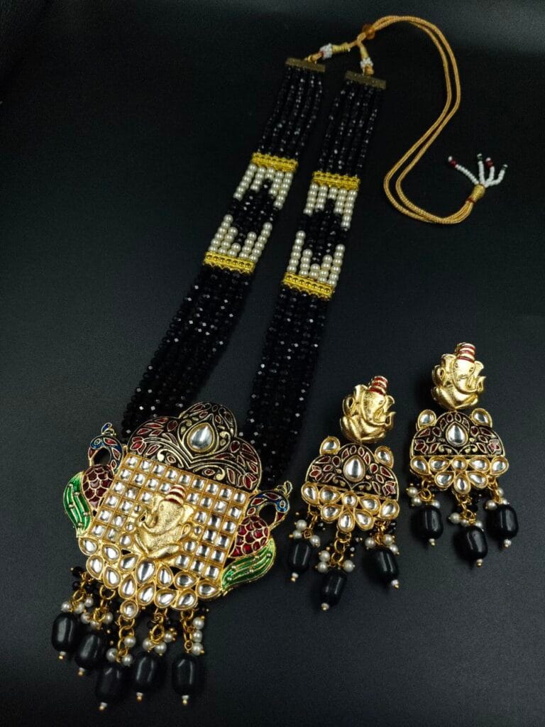 Bulk 662 Premium Look Kundan Meena Ganesha Necklace | Gold Plated Wedding Special Jewellery - "Black"