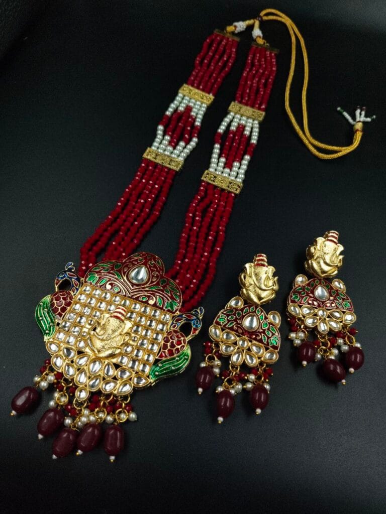 Premium Look Kundan Meena Ganesha Necklace | Gold Plated Wedding Special Jewellery
