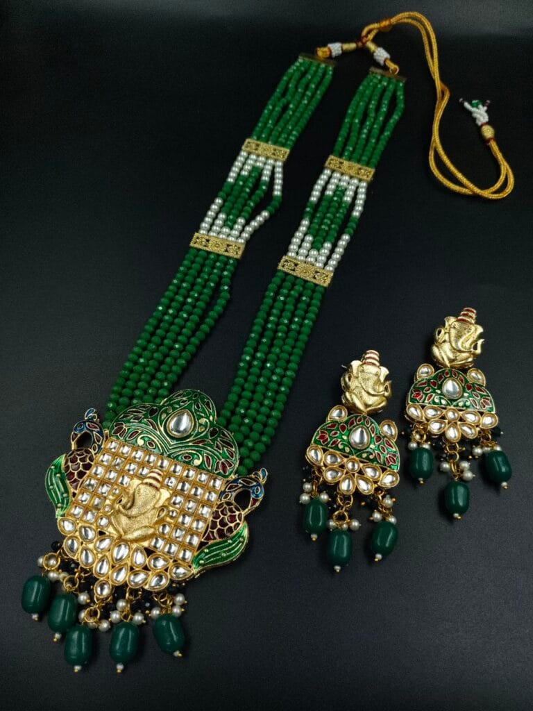 Bulk 668 Premium Look Kundan Meena Ganesha Necklace | Gold Plated Wedding Special Jewellery - "Green"