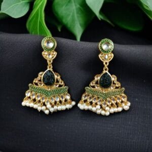 Gold Plated Kundan Meena Earrings | Best Indian Festival's Jewelry For Girls - Color: "Green"