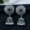 Oxidized silver jhumki earrings with stone and pearl detailing