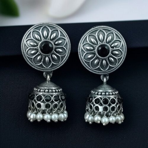 Oxidized silver jhumki earrings with stone and pearl detailing
