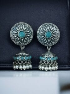 Oxidized Silver Replica Beautiful Jhumki Earrings with Stone & Pearl Detailing For Office Wear - color: "Mint"