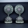 Oxidized silver jhumki earrings with stone and pearl detailing