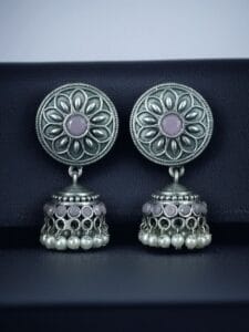 Oxidized Silver Replica Beautiful Jhumki Earrings with Stone & Pearl Detailing For Office Wear - color: "Baby Pink"
