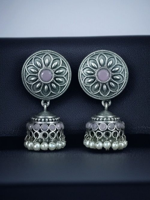 Oxidized silver jhumki earrings with stone and pearl detailing