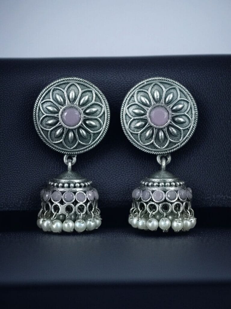 Bulk 650 Oxidized Silver Replica Beautiful Jhumki Earrings with Stone & Pearl Detailing For Office Wear - "Baby Pink"