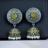 Oxidized silver jhumki earrings with stone and pearl detailing
