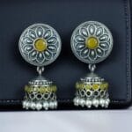Oxidized Silver Replica Beautiful Jhumki Earrings with Stone & Pearl Detailing For Office Wear - "Yellow"