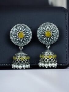 Oxidized Silver Replica Beautiful Jhumki Earrings with Stone & Pearl Detailing For Office Wear - color: "Yellow"