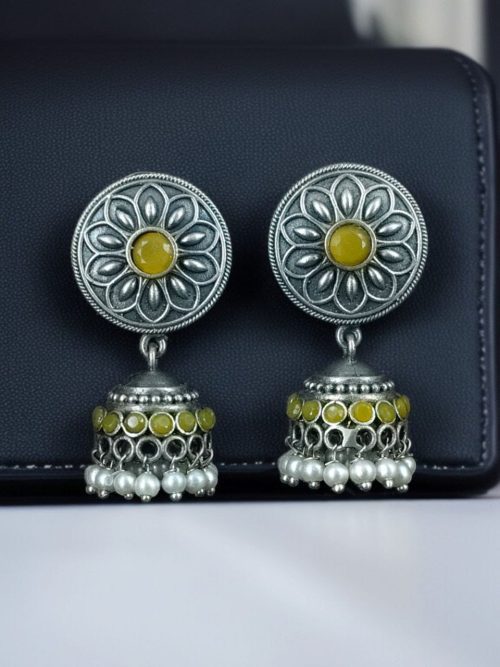 Oxidized silver jhumki earrings with stone and pearl detailing