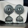 Oxidized silver jhumki earrings with stone and pearl detailing