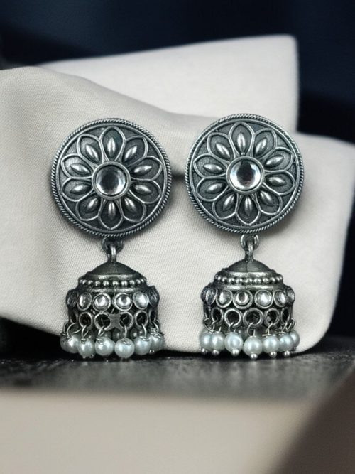 Oxidized silver jhumki earrings with stone and pearl detailing