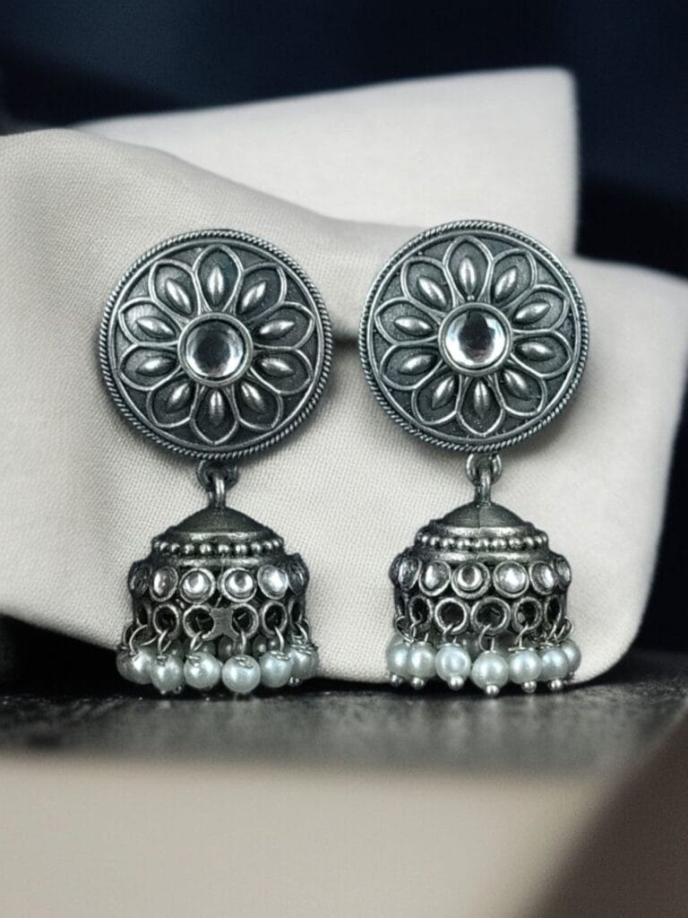 Bulk 652 Oxidized Silver Replica Beautiful Jhumki Earrings with Stone & Pearl Detailing For Office Wear - "White"