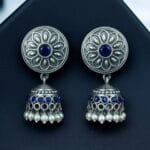Oxidized Silver Replica Beautiful Jhumki Earrings with Stone & Pearl Detailing For Office Wear - "Blue"