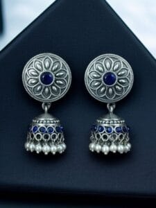 Oxidized Silver Replica Beautiful Jhumki Earrings with Stone & Pearl Detailing For Office Wear - color: "Blue"