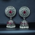 Oxidized Silver Replica Beautiful Jhumki Earrings with Stone & Pearl Detailing For Office Wear - "Red"