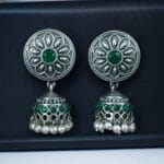 Oxidized Silver Replica Beautiful Jhumki Earrings with Stone & Pearl Detailing For Office Wear - "Green"