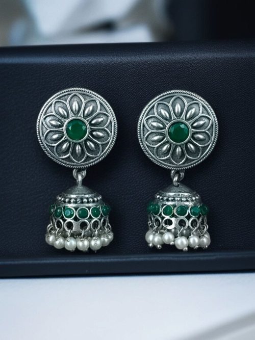 Oxidized silver jhumki earrings with stone and pearl detailing