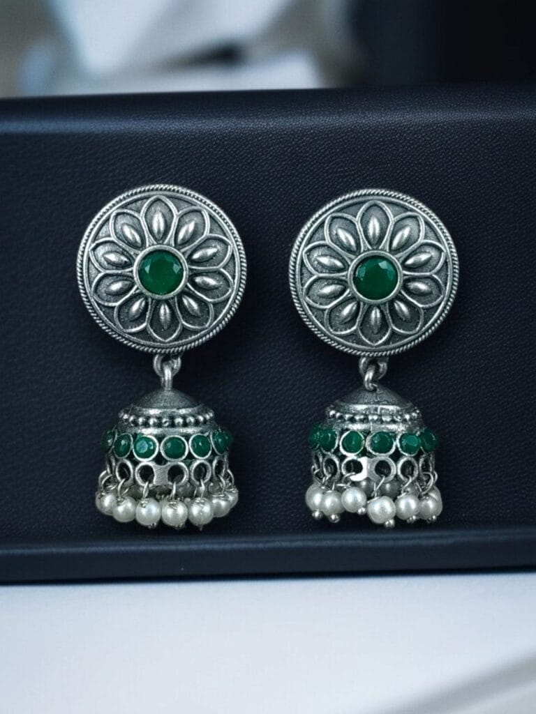 Bulk 656 Oxidized Silver Replica Beautiful Jhumki Earrings with Stone & Pearl Detailing For Office Wear - "Green"