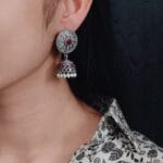 Oxidized Silver Replica Beautiful Jhumki Earrings with Stone & Pearl Detailing For Office Wear