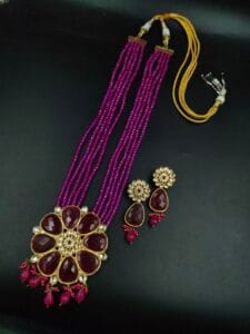 Traditional Kundan Meena Gold Plated Necklace Set with Best Flower Design - color: "Pink"
