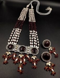 Designer Pearl Necklace with Kundan Meena and Monalisa Stone – Wedding Special - color: "Maroon"