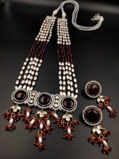 Designer wedding necklace with Monalisa stone, pearls, and Kundan Meena work