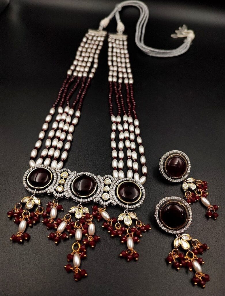 Bulk 624 Designer Pearl Necklace with Kundan Meena and Monalisa Stone – Wedding Special - "Maroon"