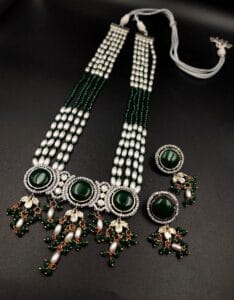 Designer Pearl Necklace with Kundan Meena and Monalisa Stone – Wedding Special - color: "Green"