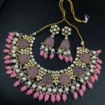 Gold Plated Bridal Necklace Set with Beautiful Stones and Pearl Accents - "Baby Pink"