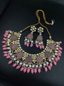 Gold Plated Bridal Necklace Set with Beautiful Stones and Pearl Accents - color: "Baby Pink"