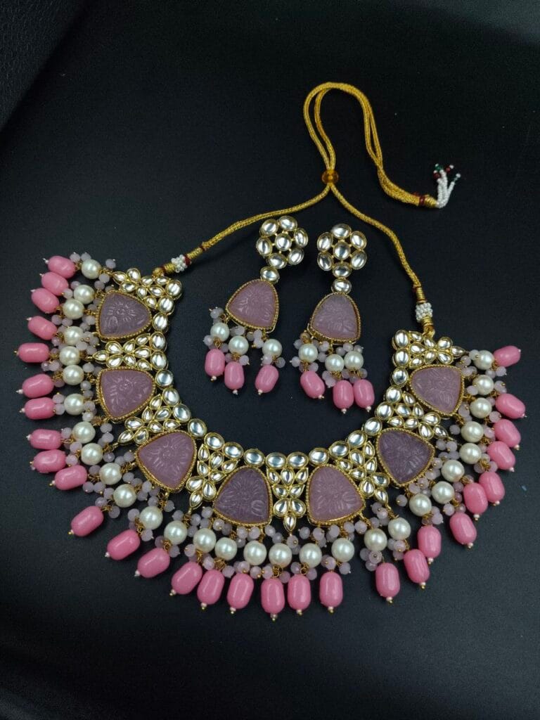 Bulk 618 Gold Plated Bridal Necklace Set with Beautiful Stones and Pearl Accents - "Baby Pink"