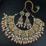 Gold Plated Bridal Necklace Set with Beautiful Stones and Pearl Accents - "Peach"
