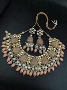 Gold Plated Bridal Necklace Set with Beautiful Stones and Pearl Accents - color: "Peach"