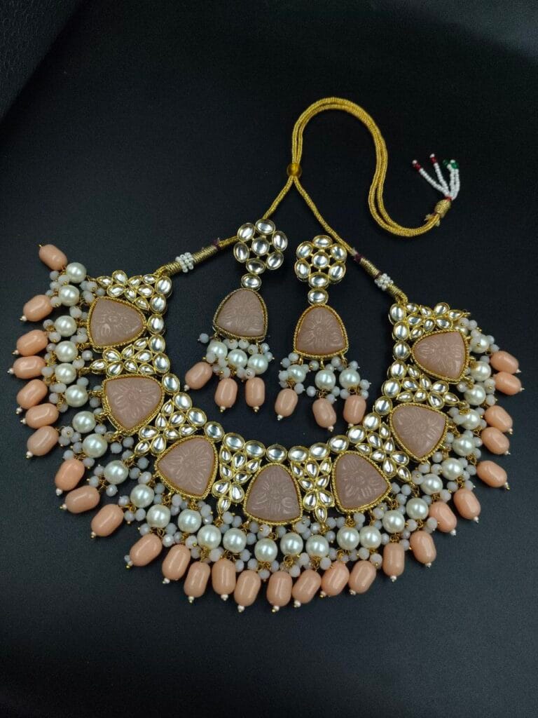 Bulk 622 Gold Plated Bridal Necklace Set with Beautiful Stones and Pearl Accents - "Peach"