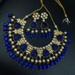 Gold Plated Bridal Necklace Set with Beautiful Stones and Pearl Accents - "Blue"