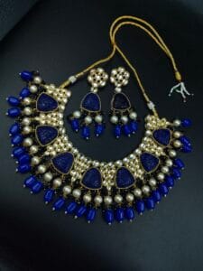 Gold Plated Bridal Necklace Set with Beautiful Stones and Pearl Accents - color: "Blue"